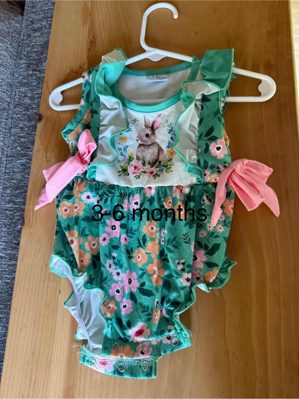 Green Floral Baby Romper with Bunny and Pink Bows